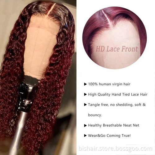Factory Price 12A Grade Deep Wave 99j Frontal Lace Wig Human Hair T Part HD Lace Virgi Human Brazilian Hair Wigs 1b 99j Wig